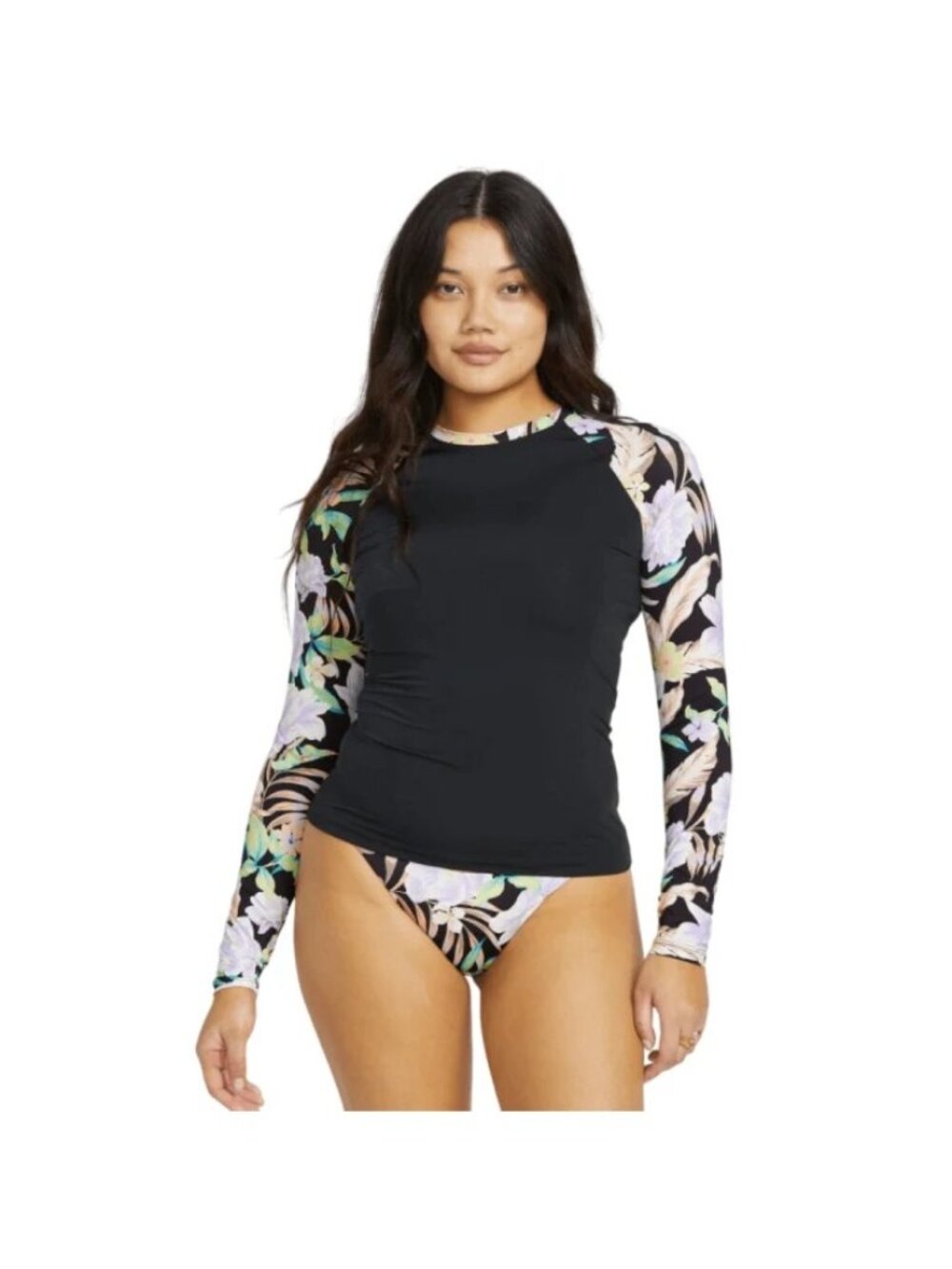 NWT Billabong Shadow Tropic Long Sleeve Swim Top Rash Guard Black & Floral XS